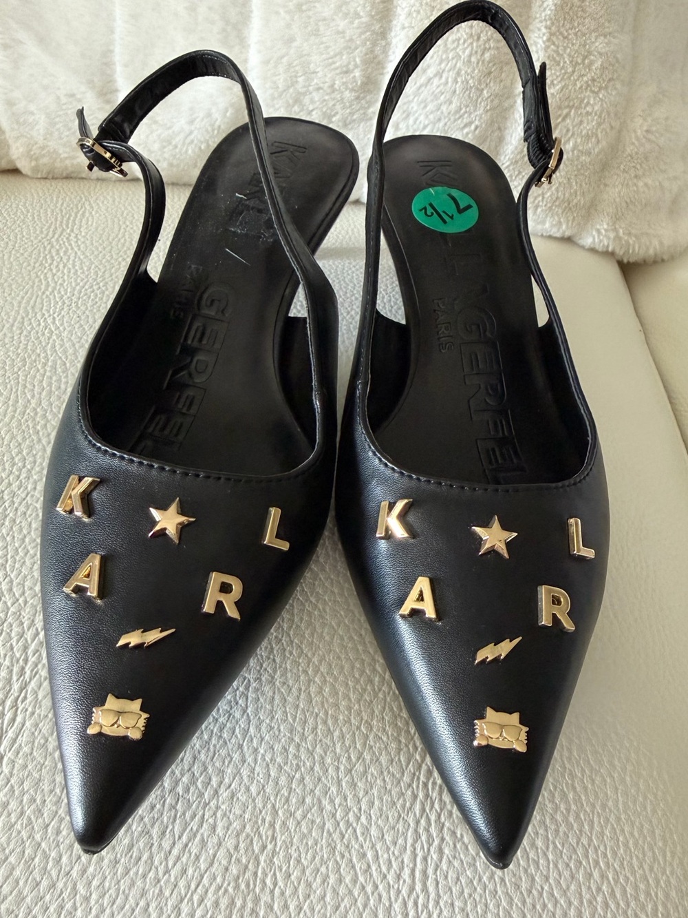 New Karl Lagerfeld Black Pointed Slingback shoes  with Gold Letter  logo Studs
